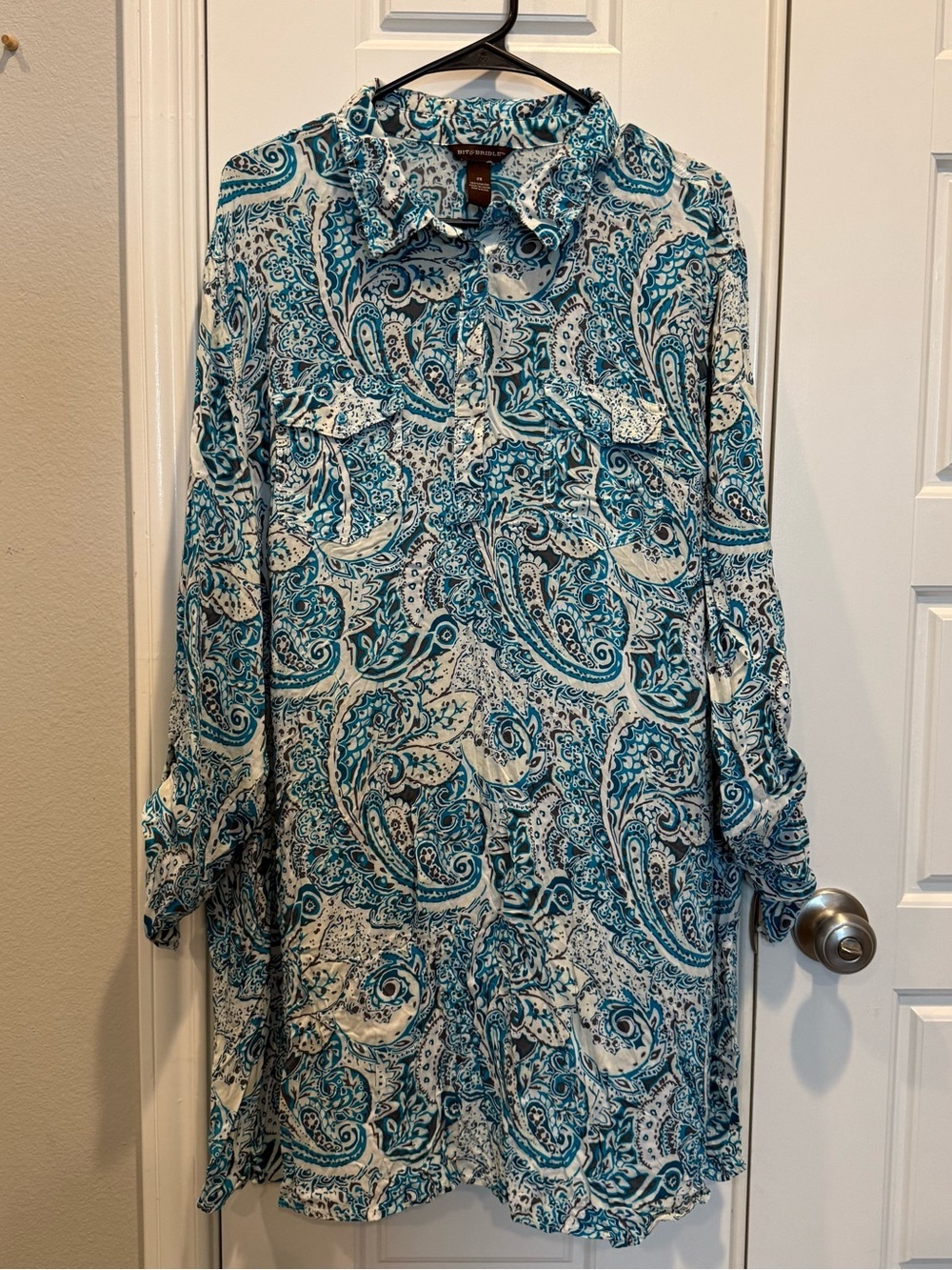 Bit & Bridle White and Teal Paisley Shirt Dress